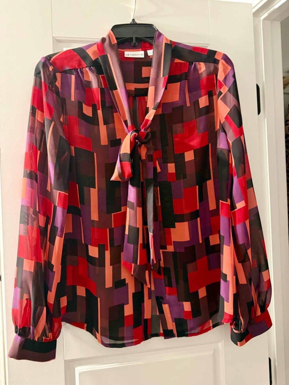 Liz Claiborne Red Geometric Tie-Neck Blouse